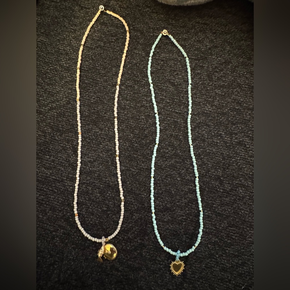 Delicate White and Light Blue Beaded Necklace Set - Unbranded